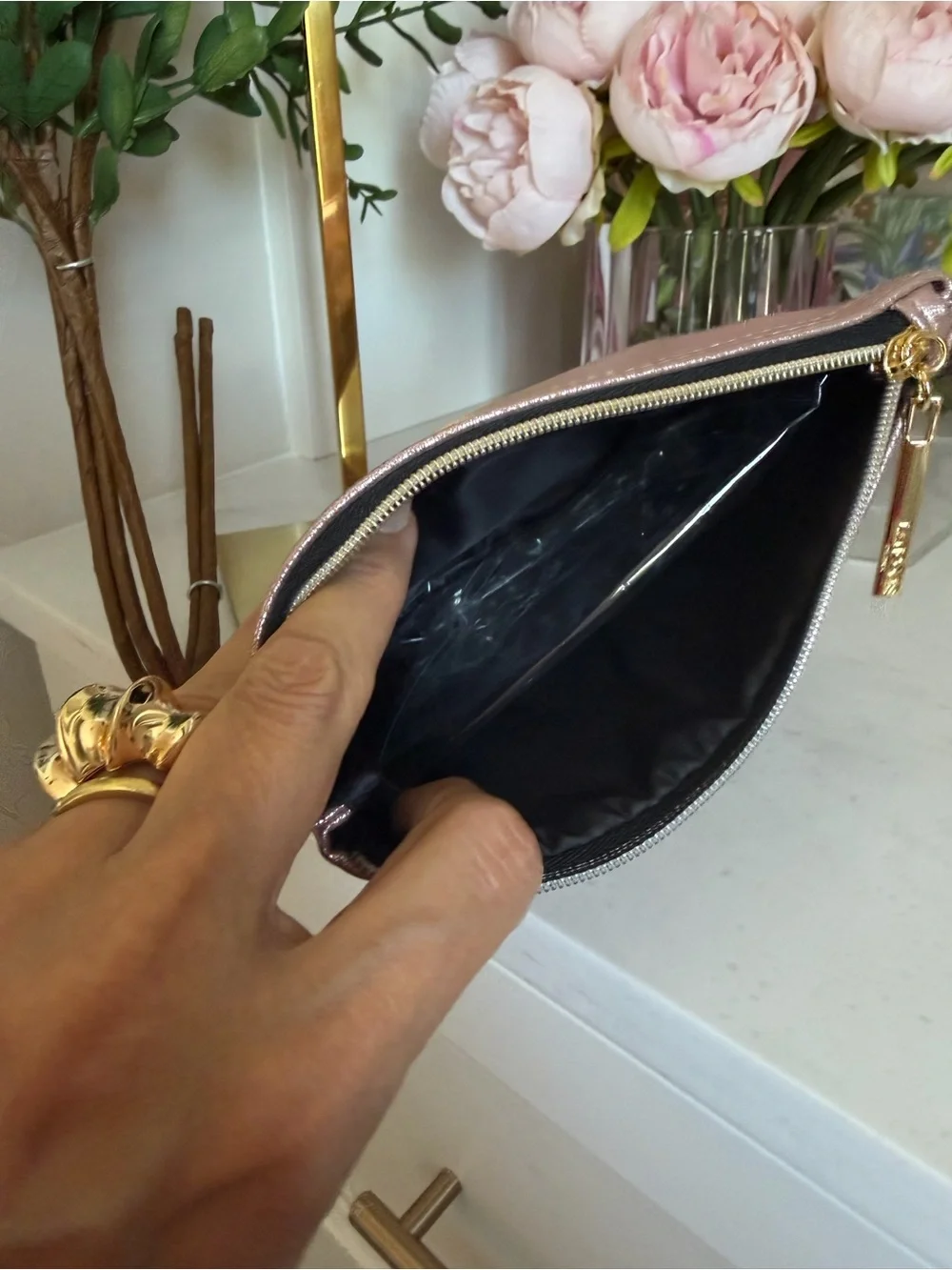 Metallic pink Wristlet Pouch - Elegant Clutch Bag w camellia clip